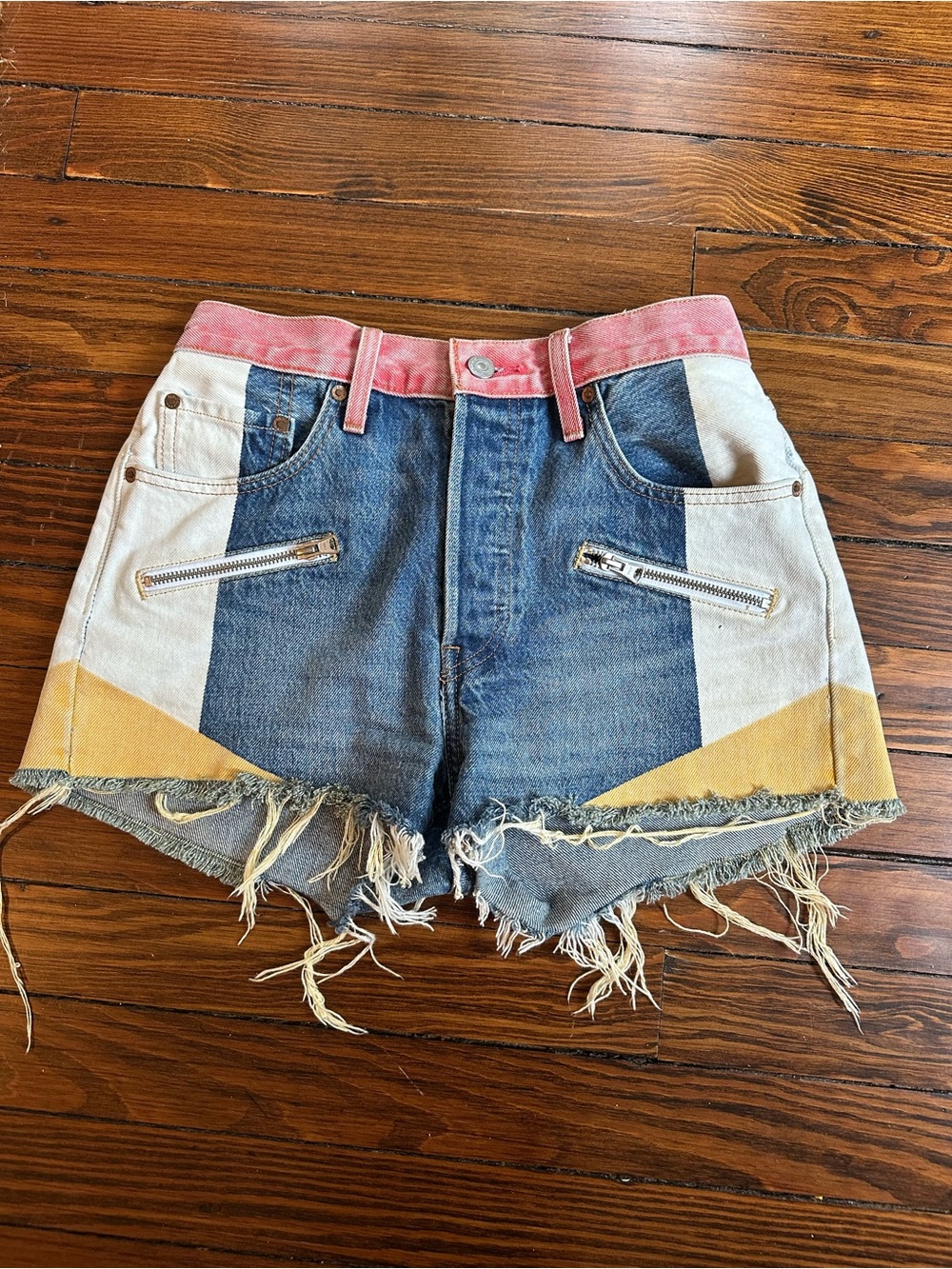 Levi’s Colorblock Denim Shorts with Frayed Hem - Pink, Yellow, White